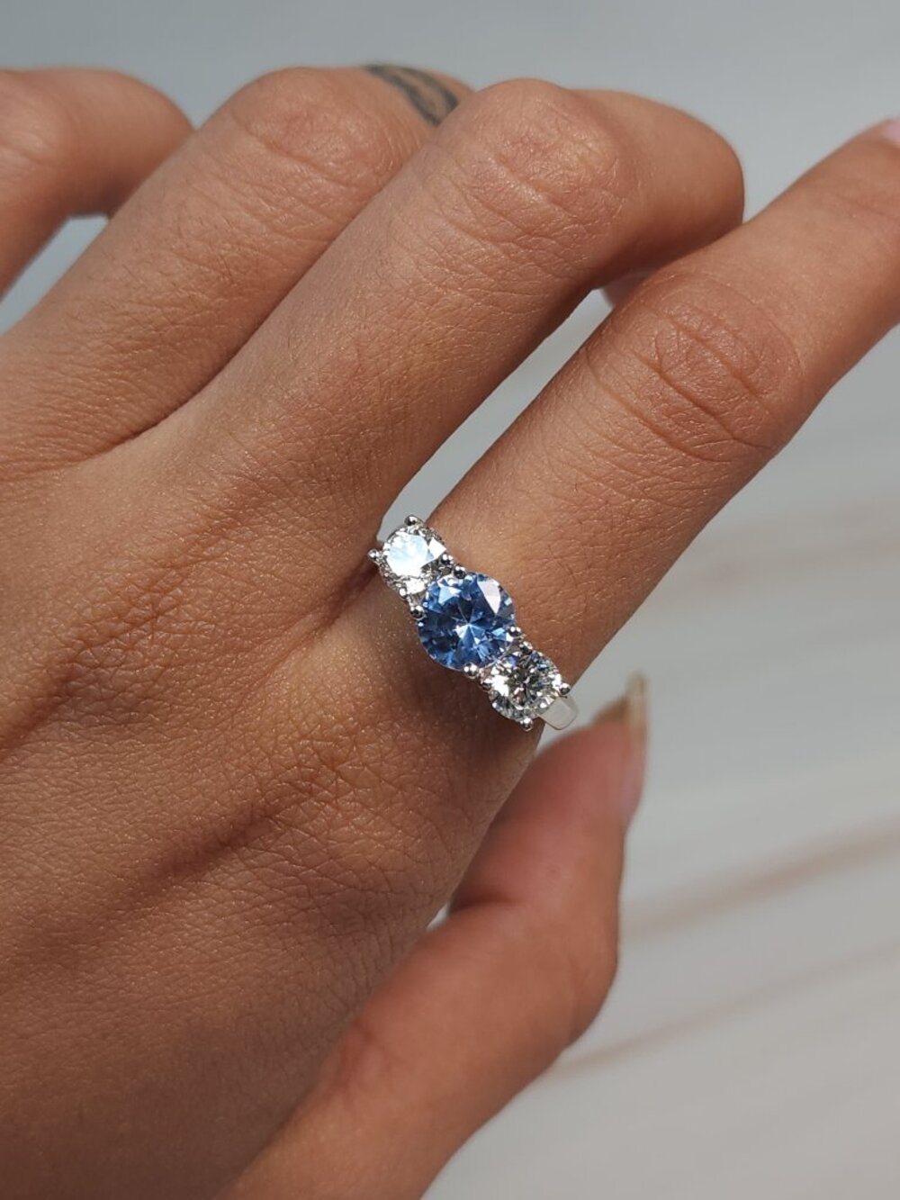 Simulated Aquamarine & 1Ct Lab Grown Diamond Round ring .925 Sterling Silver